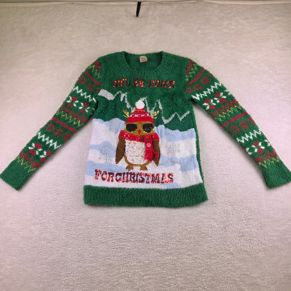 Holiday Time Girls Green Owl Be Home For Christmas Sequin Sweater Large 10-12